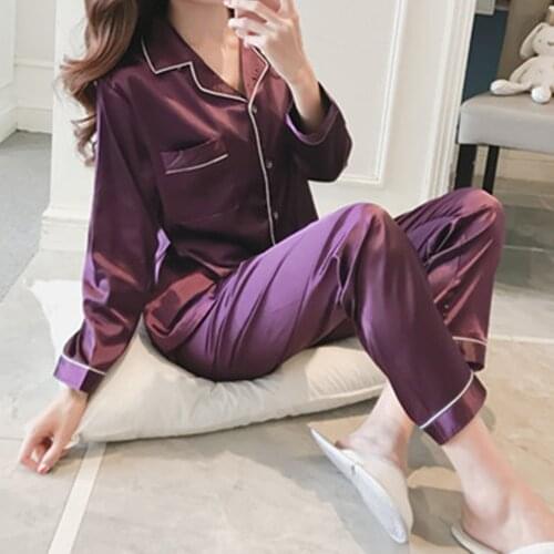 2PCS Pajamas Sets Women Lapel Silk Long Sleeve Home Wear Ladies Mujer Sexy Satin Tops+Pants Nightgown Sleepwear Autumn