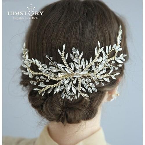 HIMSTORY Fashion Flower Crystal Gold Brides Hairbands Soft Headbands Bridal Vine Hair Accessories Crystal Headpieces