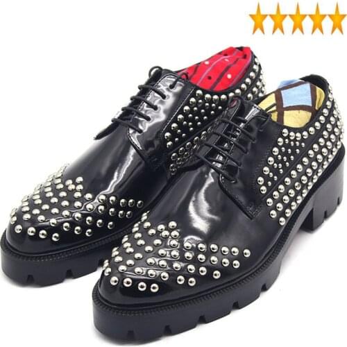 Brand Men Runway Studded Top Rivet Thick Platform Oxfords Genuine Leather Block Med Heels Punk Wedding Party Dress Shoes