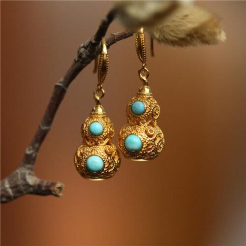 New silver inlaid turquoise jewelry set small gourd Chinese retro style hollowed out luxury charm ladies brand