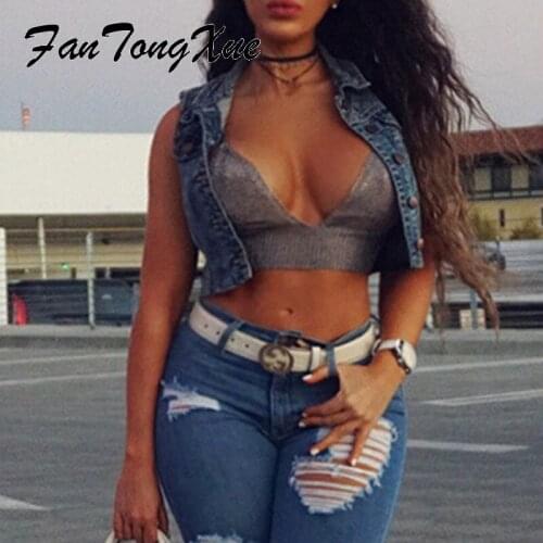 Solid Blue Denim Single-breasted Fashion Sexy Vests Women Skinny Sleeveless Turn Down Collar 2021 Summer Vest Coat Women