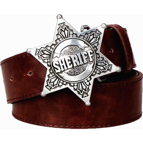 Fashion Wild men belts metal buckle retro Hexagram sheriff badge belt bold hip hop Street Dance belt exaggerated shape