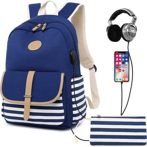 Women backpack USB charging laptop backpack for teenage girls school backpack Fashion stripe Female canvas Travel Backpacks