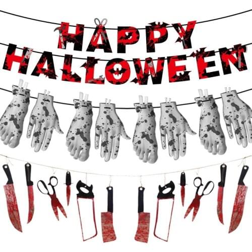 Happy 2021 Halloween Party Banner Blood Stained Kitchen Utensils Paper Flag Broken Hands and Feet Paper Banner Kids Favor