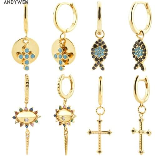 ANDYWEN 925 Sterling Silver Gold Cross Coins Fish Black Turquoise Drop Earring Rainbow Eye Piercing Pendientes Women Clips Jewel