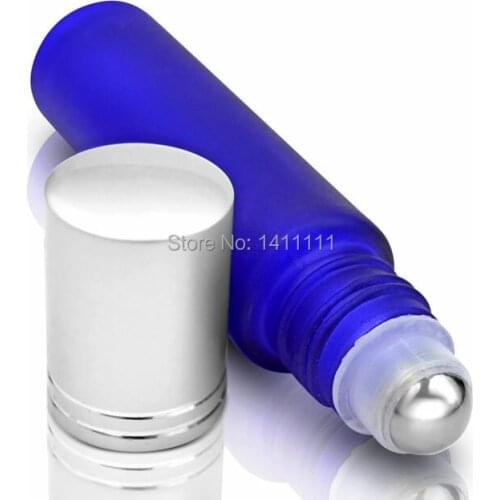 Blue 10ml Frosted Glass Roll On Essential Oils Perfume Bottles W/ Stainless Steel Roller Ball 650pcs/lot BY DHL Free Shipping