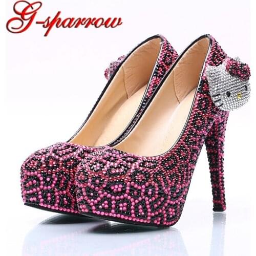 Fuchsia Leopard Rhinestone Bridal Dress Shoes Style Wedding Dress Shoes Handmade Performance Prom Party Pumps