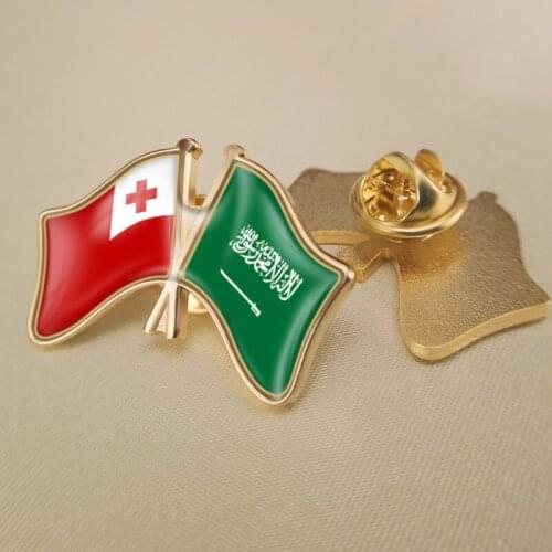 Tonga and Saudi Arabia Crossed Double Friendship Flags Lapel Pins Brooch Badges