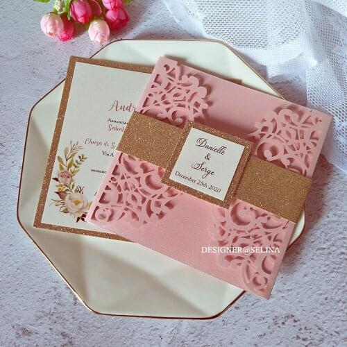 Spring Flower Personalized Print Laser Cut Wedding Invitations with Glitter Bottom and Belly Band Tag DIY Pink Bridal Invites