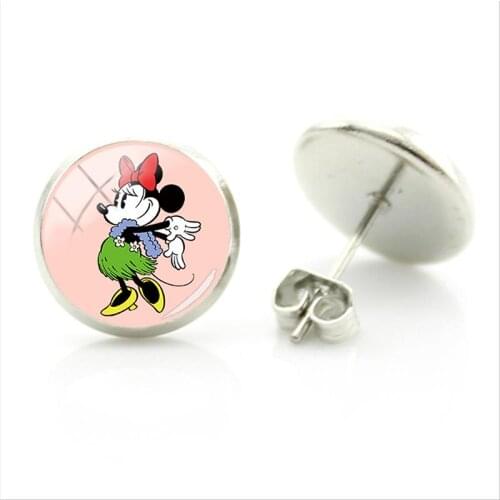 Disney High-quality Cartoon Animation Art Photos Round Earrings Mickey Minnie Couple Handmade Glass Dome Earrings For Friends
