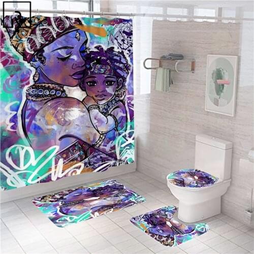 Graffiti Black African Women Shower Curtain with Hooks American Bathroom Curtain Set Bathing Mat Soft Bath Carpettoilt Lid Cover