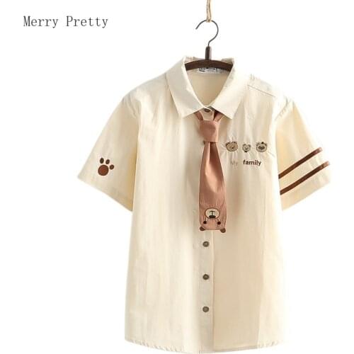 Women Cotton Shirt With Tie Cartoon Bear Embroidery Single Breasted Casual Blouse 2021 Summer Short Sleeve Ladeis Kawaii Top