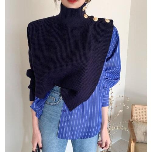 Women Autumn New Sweaters Striped Panelled Patchwork Turtleneck Sweater Chic Side Buttons Fake Two-piece Female Pullovers PL419