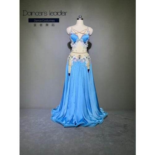 High-end Customized Royal Blue Belly Dance Suit Diamond Bra Slit Long Skirt Dance Costume Female Adult Stage Costume