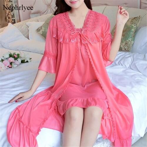 2021 Women Ice Silk 2PCS Robe Set Wedding Robe Gown Lace Sexy Kimono Bathrobe Night Dress Casual Nightgown Sleepwear SLP111