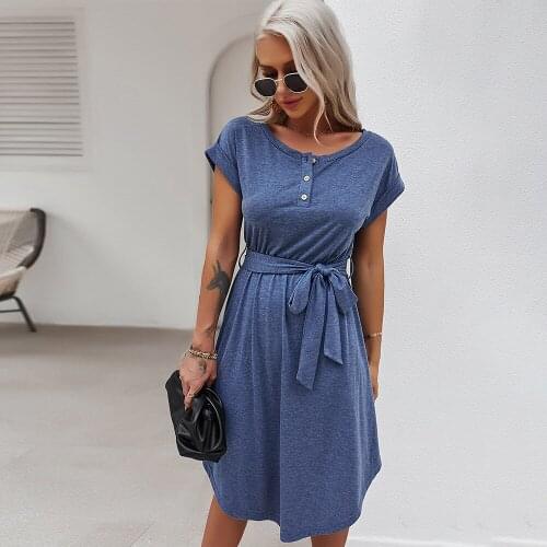 Women Summer Dress Casual O-Neck Solid Buttons with belt Womens Mid-Calf Length knitted Dress T shirt soft dress for female