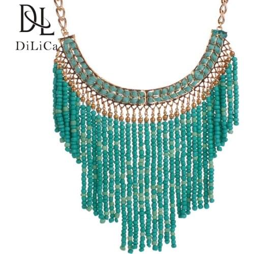 DiLiCa Trendy Bohemian Necklaces Women Beads Tassel Statement Necklace Pendant for Lady Girls Chunky Necklace Choker Jewelry