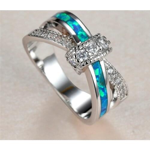 Boho Female Blue Opal Stone Rings Charm Silver Color Thin Wedding Rings For Women Cute Bride Crystal Bowknot Engagement Ring