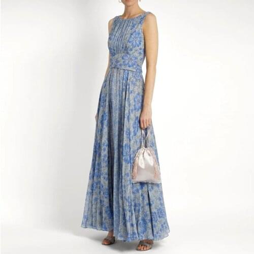 European Runway Designers Dress 2021 Women Vintage O-neck Sleeveless Blue Floral Printed Chiffon Long Summer Dresses