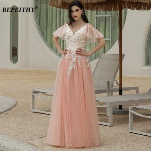 BEPEITHY New V Neck Coral Evening Dress Long Party For Women Detachable Sleeves A-Line Floor Length Prom Gown 2020 Formal