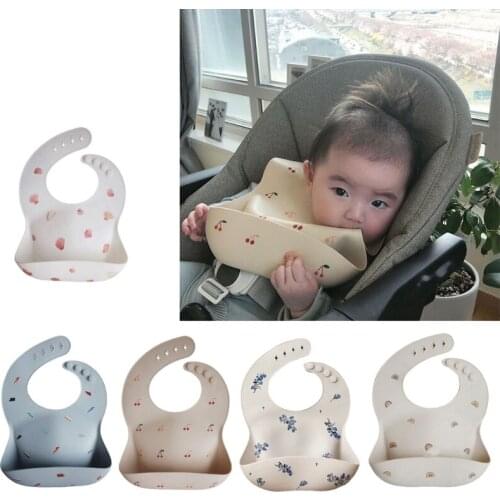 1 Pc Cartoon Printing Baby Bibs Waterproof Soft Silicone Baby Feeding Catcher Adjustable Roll up Food Pocket for Infants Newborn