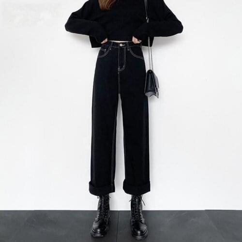 2020 New Black Jeans Woman Long Trousers Cowboy Female Loose Streetwear High Waist Women Jeans Split Clothes Wide Leg Jeans