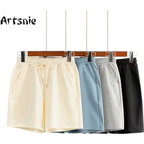 Artsnie Summer 2021 High Waist Shorts Women Pockets Casual Cycling Shorts Femme Streetwear Beige Knitted Biker Shorts Sportswear