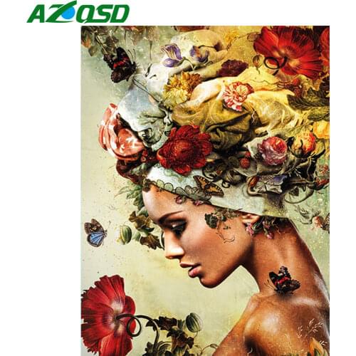 AZQSD Diamond Embroidery Woman Butterfly Flower Mosaic Rhinestone Diamond Painting Portrait Cross Stitch Rhinestone Home Decor