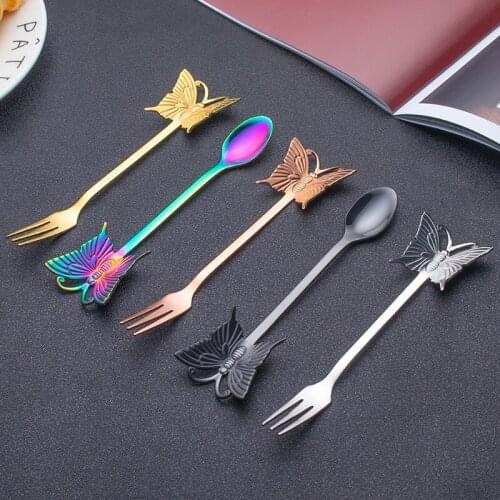 Free shipping Stainless steel butterfly spoon fork golden spoon fork dessert fruit coffee spoon cake fork