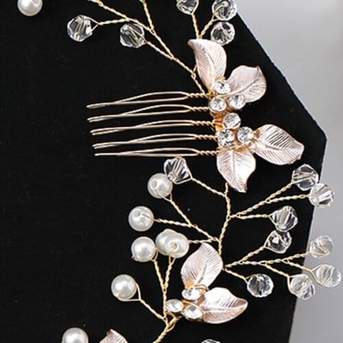 E56A Flower and Leaf Bridal Hair Comb Pearl Wedding Headband Rhinestone Hair Accessories Ladies and Girls(Gold/Silver)