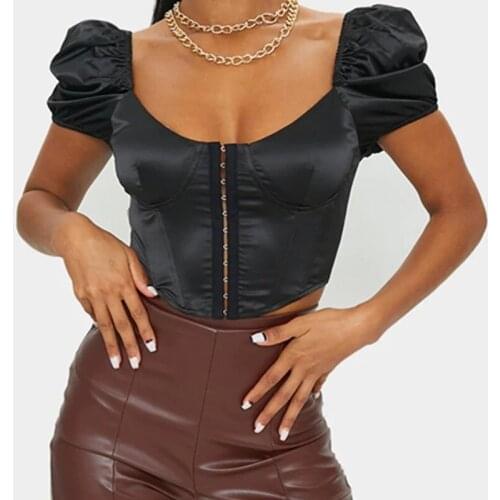 Women’s Sexy U Neck Crop Tops Puff Short Sleeve Breasted Slim Wrap Top Female Fashion Corset T-Shirt Summer Clothes Streetwear