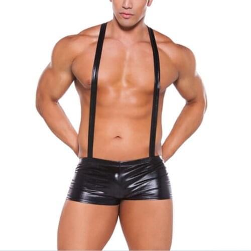 Mens Wetlook Lingerie Underwear Plus Size Men M-XXL PVC Sexy Braces Erotic Stage Costume Black Faux Leather Romper With Straps