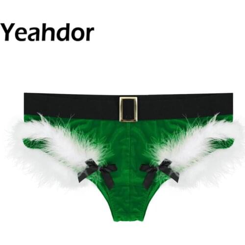Mens Lingerie Thong Christmas Underpants Velvet Sexy Briefs Panties Elastic Waistband Feather Trimming Bowknot Gay Underwear