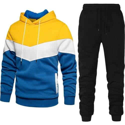 2021 Mens Sports Suit Fashion Casual Jacket Long Sleeve Trousers Spring and Autumn Splicing Hooded Sweatpants Two Piece Men Set
