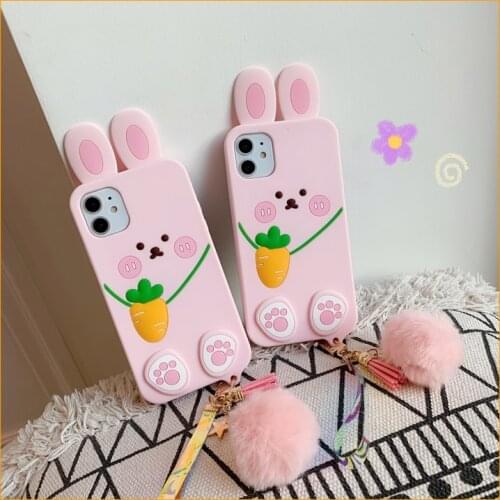 Soft Gel Silicone Rabbit Carrot HandBag Shockproof Phone Case For iPhone 11 Pro Max X XR 7 8 Plus 12 Phone Shell with Pendant