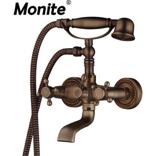 Monite Wall Mounted Antique brass Shower Set Head & Hand Shower Bathroom Double Handle Dual Hole Bathtub Faucets Shower Set