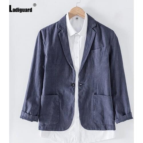 Cotton Linen Blazers Lapel Collar retro Jacket Sexy Men Clothing 2021 Single Button Tops Outerwear Autumn Pocket Design Blazers