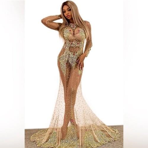 Multi-color Crystals Respective Long Train Dress Super luxurious Big Rhinestones Dress Evening Costume Wedding Celebrate Dress