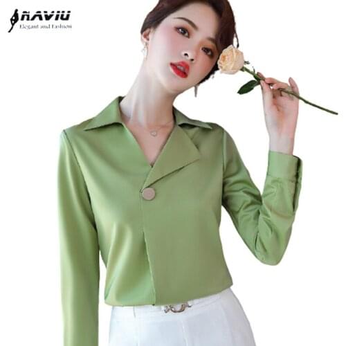 Satin Shirt Women Long Sleeve Autumn New V Neck Fashion Temperament Fruit Green Blouses Offiice Ladies Plus Size Work Tops