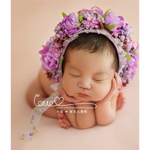 Handmade Lilac Baby Girl Flower Bonnet Lovely Flora Bonnet for Newborn Baby Photography Props Infant Hat Newborn Ruffle Hat