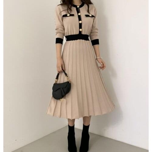 2021 Spring Vintage Knitted Long Dress Women Long Sleeve Patchwork Buttons Dresses Korean Fashion Ladies Pleated Vestidos Mujer