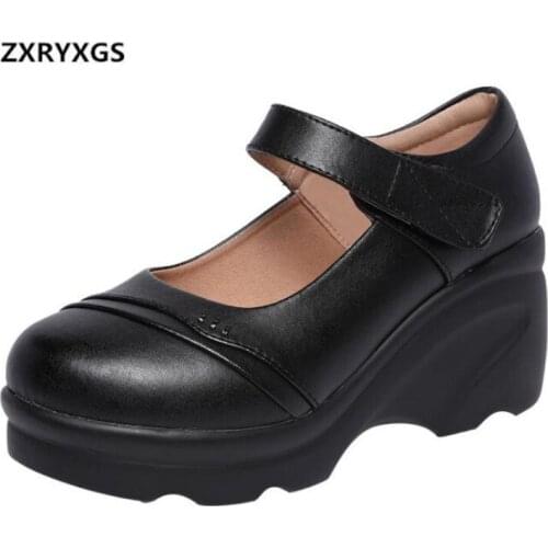 ZXRYXGS Brand Shoes Woman Thick Sole Wedge with High-heels 2020 Newest Spring Black Genuine Leather Shoes Woman Shoes Size 35-40
