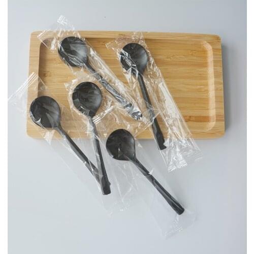 100PCS Disposable Plastic Spoon Round Head Individually Wrapped Thick Black Tableware Kitchen Accessories Dessert Ice Cream Cake