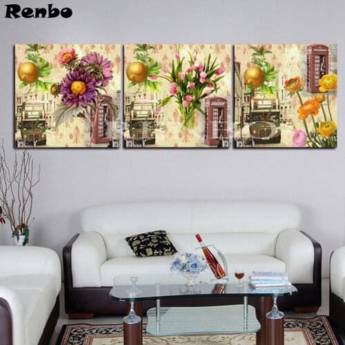 3 pcs DIY 5D Diamond Painting Cross Stitch vintage flower Square Diamond Embroidery Triptych Diamond Mosaic Home Decoration A168
