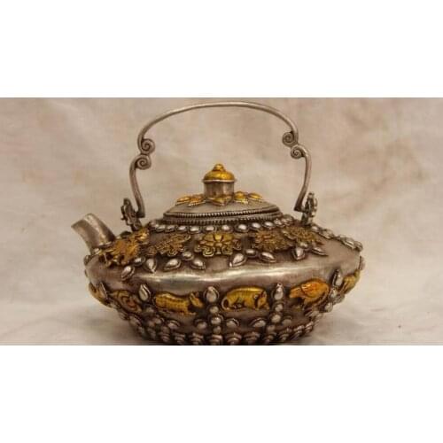 4 Chinese Folk white Copper silver Eight treasures Twelve Zodiac Flagon wine pot