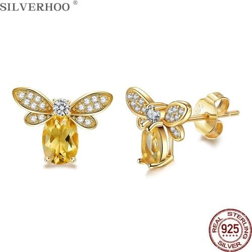 SILVERHOO 925 Sterling Silver Trendy Cubic Zirconia Earrings Women Cute Bee Gold Colors Stud Earring Birthday Gift Fine Jewelry