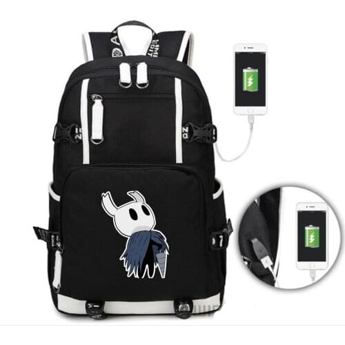 Hollow Knight canvas backpack students USB Charge Mochila the pale king School Bag Casual Travel bag Laptop bagpack