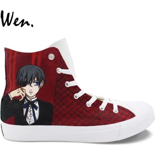 Wen Hand Painted Sneakers Design Black Butler Ciel Sebastian High Top Canvas Anime Shoes for Boy Girl Skateboard Unisex Shoes