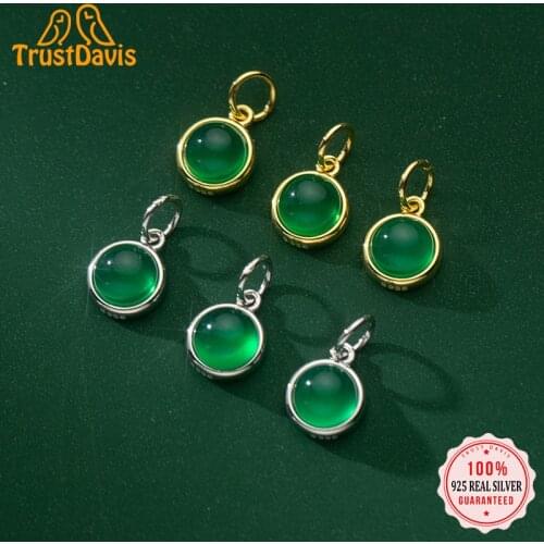 TrustDavis Real 925 Sterling Silver Fashion Round Green Chalcedony Charm Pendant Handmade DIY Accessories Fine Jewelry HY321