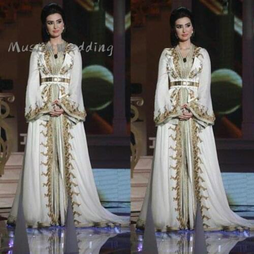 Moroccan Caftan Kaftan Long Sleeve Evening Dresses White Dubai Abaya Amazing Gold Embroidery V-neck Occasion Prom Formal Gown